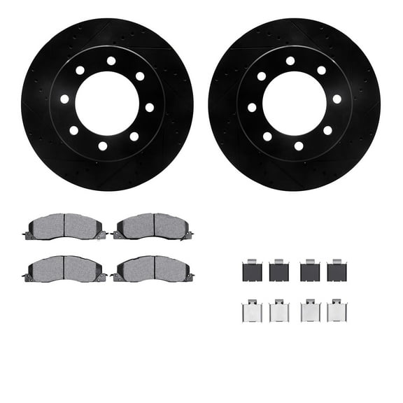 Dynamic Friction Company Front Brake Rotors-Drilled and Slotted-Black with 5000 Advanced Brake Pads includes Hardware 8512-40486