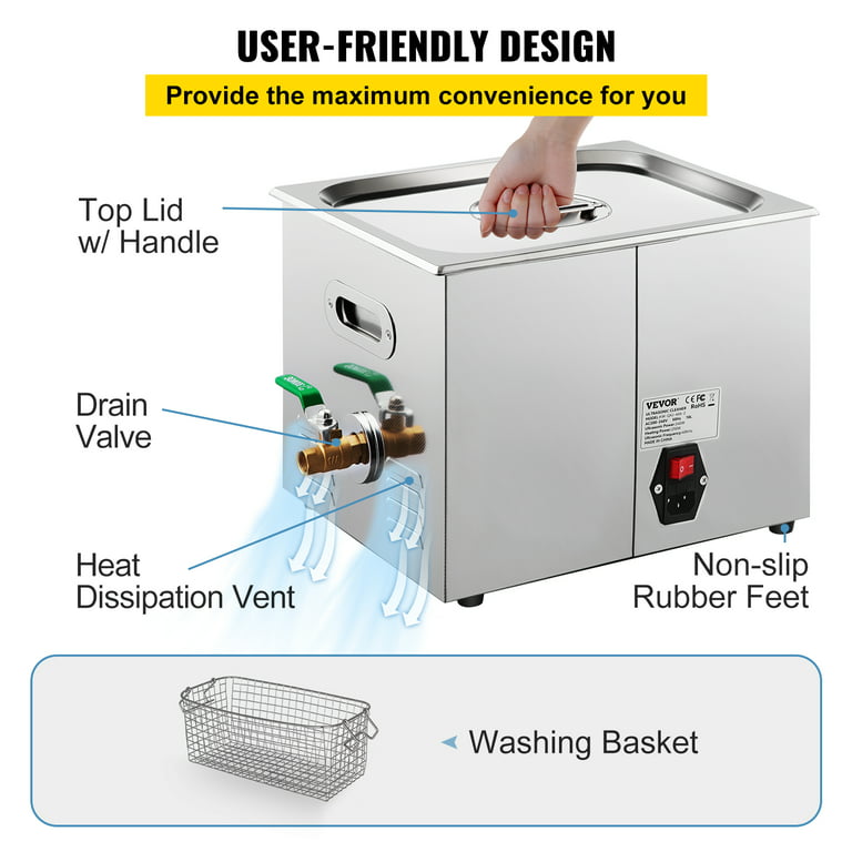VEVORbrand Ultrasonic Cleaner 10L,Jewelry Cleaner with Heater Timer  250W,Lab Ultrasonic Cleaner with Digital Timer Large Capacity,Professional  Stainless Steel for Cleaning,110V,FCC/CE/RoHS Certified 