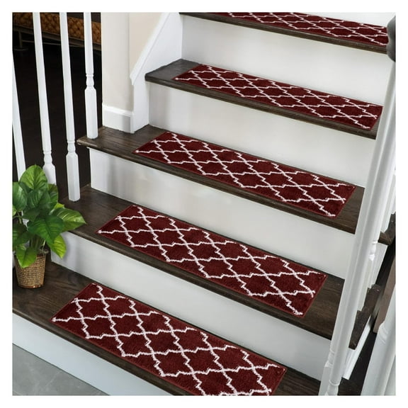 Stair Treads - 100% Polypropylene Carpet Strips for Indoor Stairs - Easy to Install Runner Rugs W/ Double Adhesive Tape - Safe, Extra-Grip, Decorative Mats - 4-Pack - Red