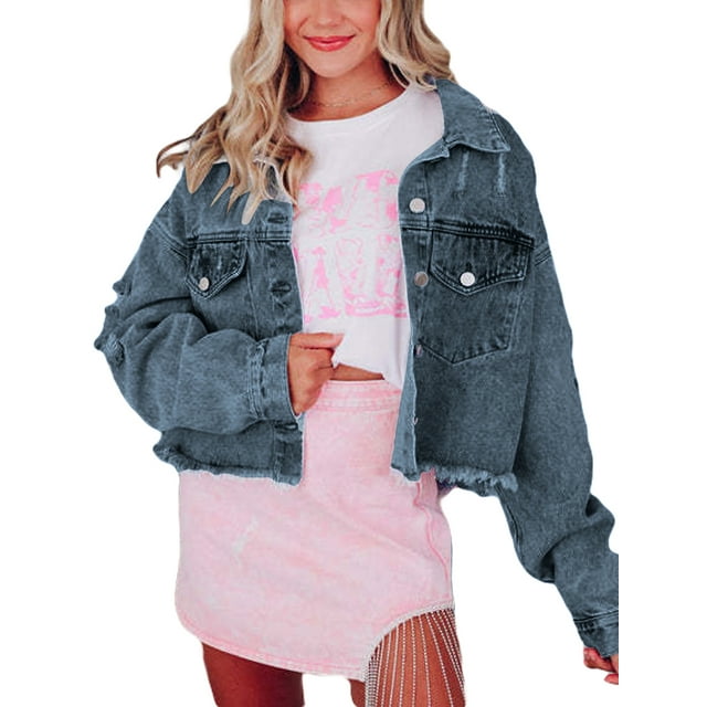 ZAXARRA Women Denim Jacket, Long Sleeve Turn-down Collar Button Closure Stars Tasseled Fall Jacket Streetwear