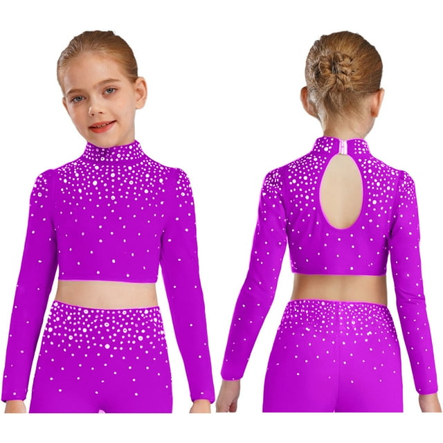 Doomiva Kids Girls Sparkly Tank Vest Shiny Rhinestone Lyrical Performance Costume Jazz Ballet Dance Crop Tops Purple 10