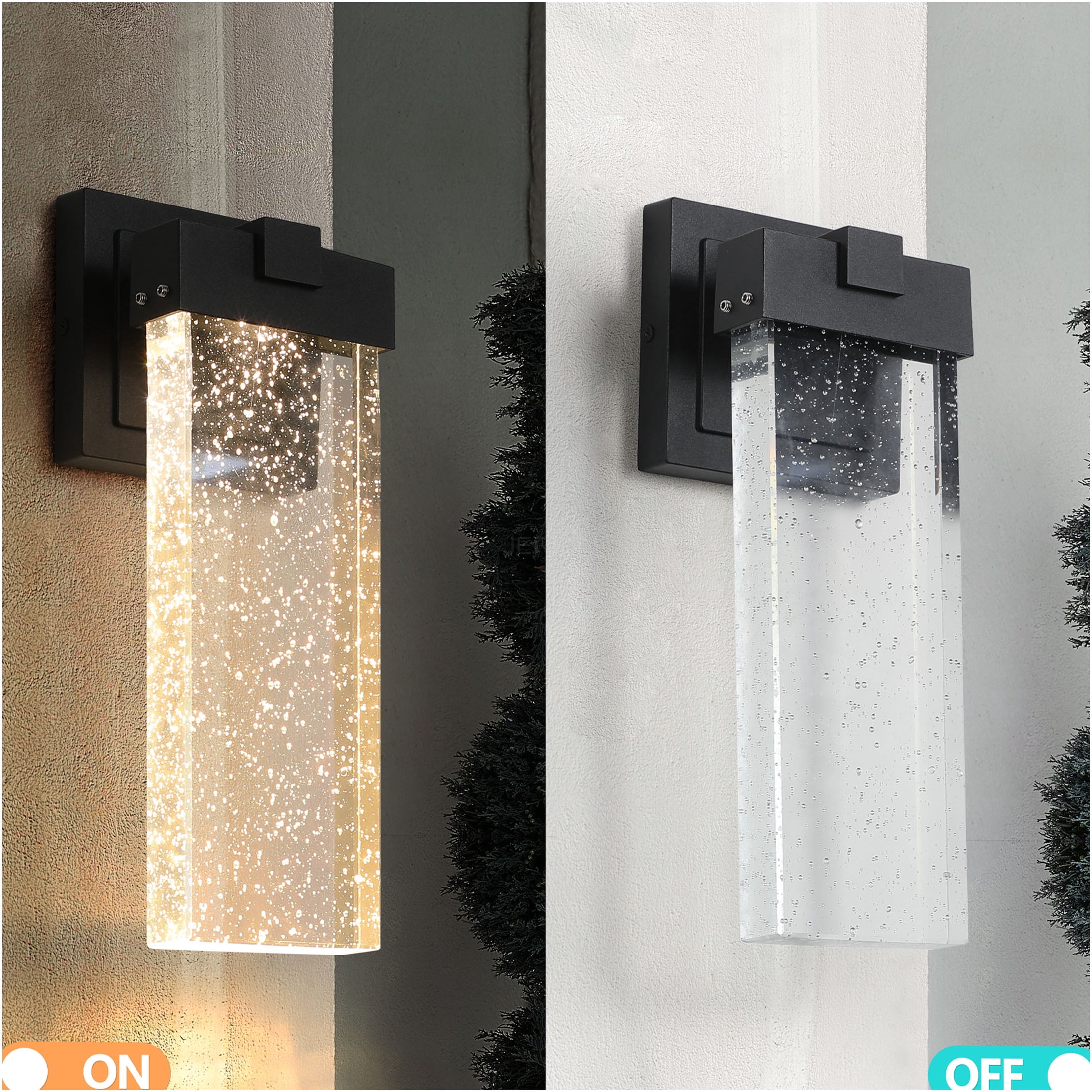 JERFIT Modern Outdoor Wall Lantern with Crystal Glass, 2-Pack Black LED Sconce Light with Dusk to Dawn Sensor, Waterproof for Porch Garage Entryway
