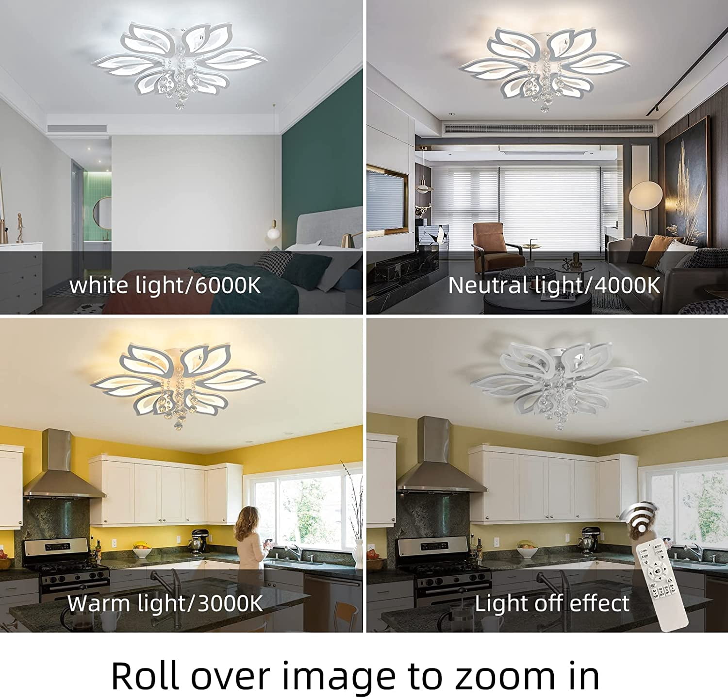 Garwarm Dimmable Modern Ceiling Light, 56W LED Flower Ceiling Lamp, White Acrylic Flower Light Fixture, 6-Head Flush Mount Chandelier Ceiling with Remote, Ideal for Bedroom Kitchen Dining Room