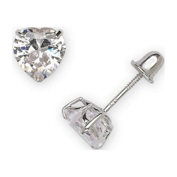 14k White Gold 6x6mm Heart Shaped Cubic Zirconia Screw-Back Earrings