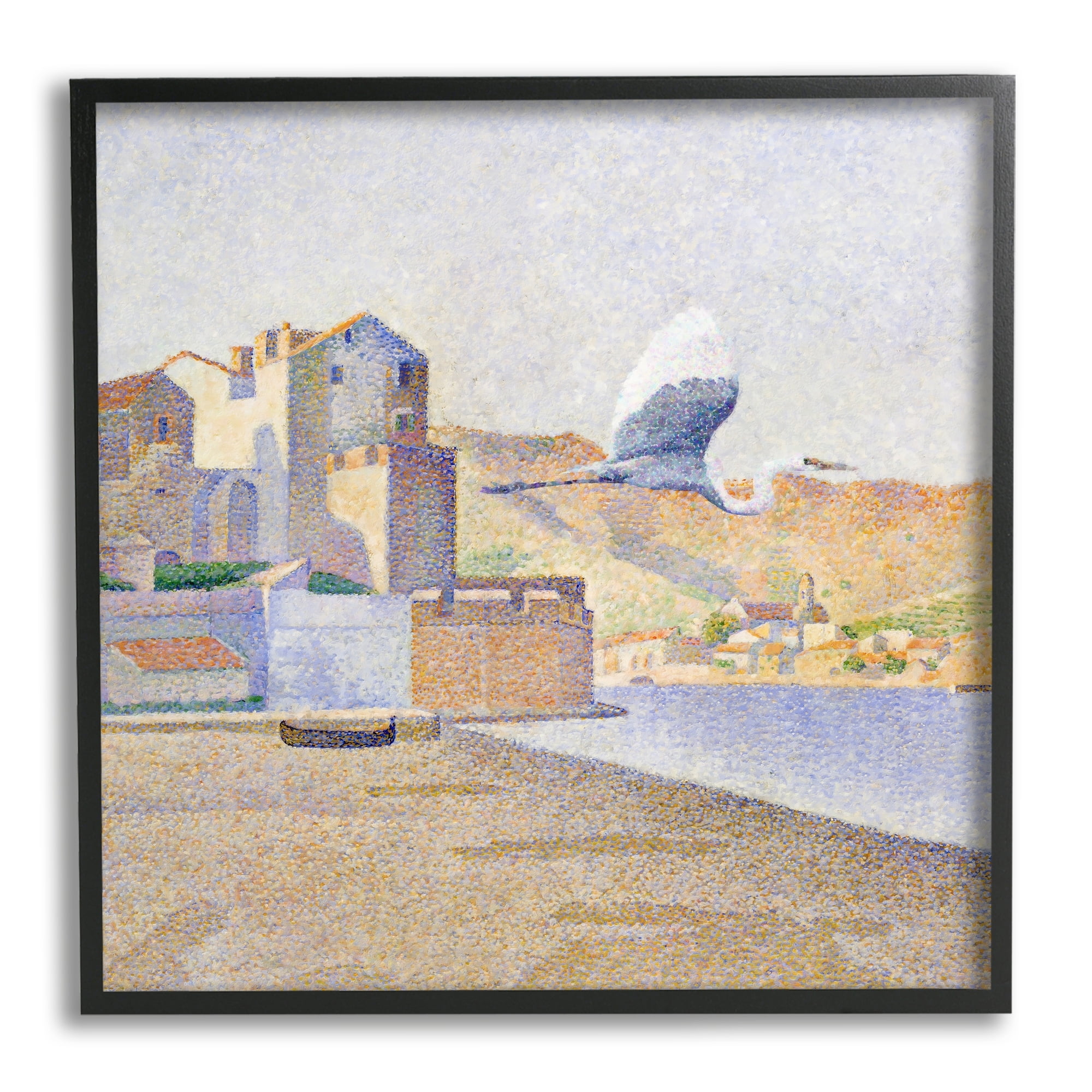 Stupell Industries Flying Crane Bird European Coastal Seaport Pointillism Painting, 17 x 17, Design by Steve Hunziker