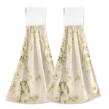

2pcs Kitchen Hanging Towels Bathroom Hanging Towels Velcro Soft Hand Towel Absorbent Tie Towels for Kitchen Toilet Tea Bar Washcloth Decor White Small Daisy