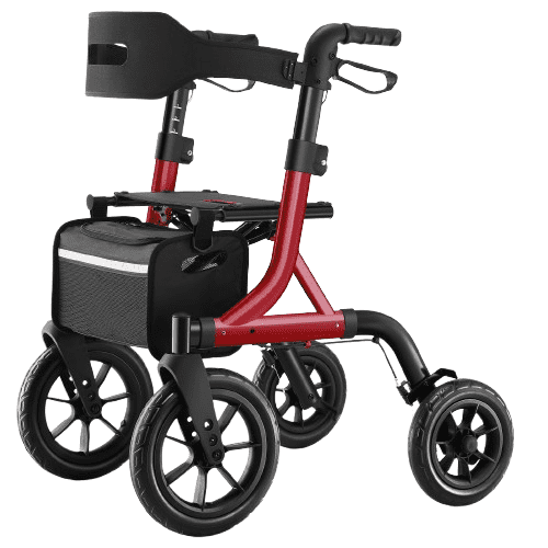 MAXWALK Rollator Walker for Seniors, 12" Big Rubber Wheels Foldable All Terrain Outdoor Aluminum Rolling Walker with Breathable Mesh Backrest, Height Adjustment for 5-6.5ft, Red
