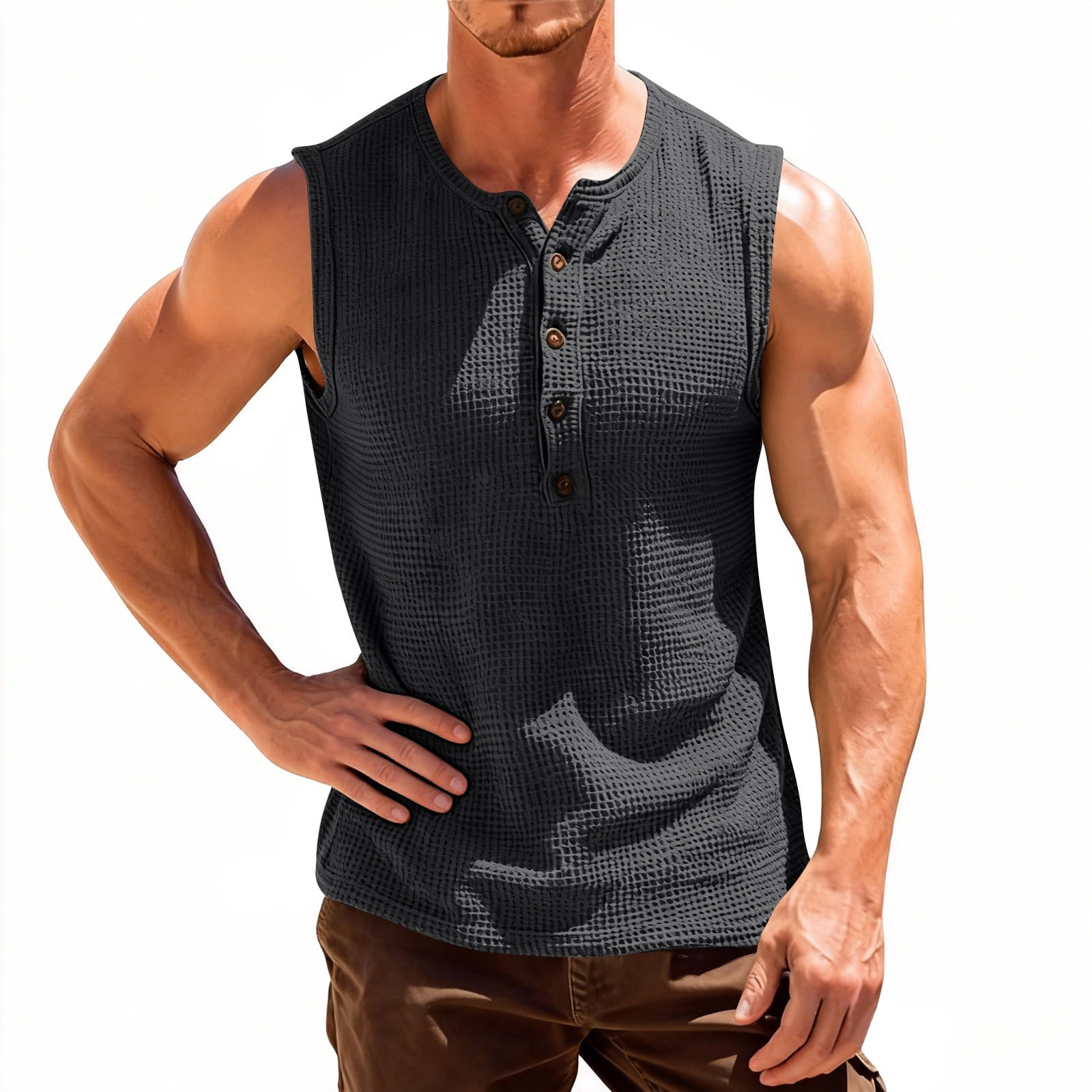 ZCFZJW Men's Casual Waffle Knit Tank Top Henley Shirt Summer Beach