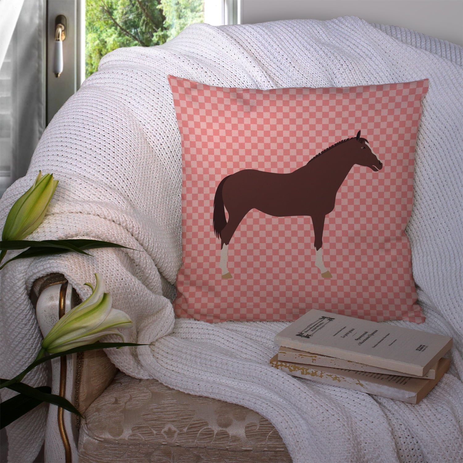 English Thoroughbred Horse Pink Check Fabric Decorative Pillow