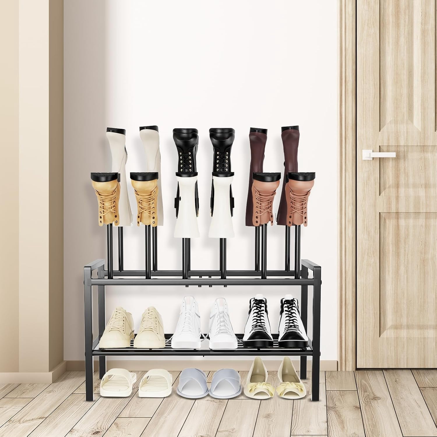 Tall Boot Shoe Rack,FreeStanding Metal Shoe Racks with 12 Long Posts Holds 6 Pairs,Boot Shelf Storage Organizer for Closet Entryway Floor Bedroom Outdoor, Black