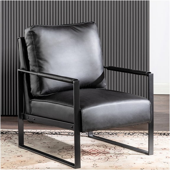 JERFIT Mid Century Modern Accent Chair, Black PU Leather Armchair with Square Metal Frame for Living Room, Bedroom & Office