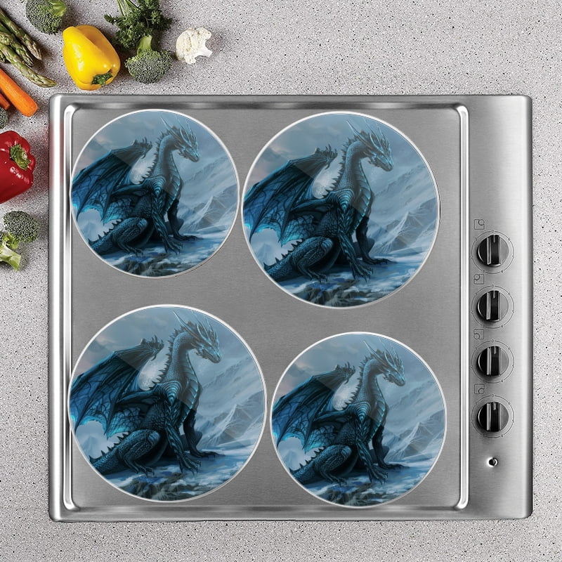 Bahomeck Gas Stove Burner Cover Set Of 4,Blue Dragon With Black Scales And Glowing Eyes Metal Electric Stove Burner Covers,Protecting Gas Stoves,Kitchen Decor，8 Inch And 10 Inch