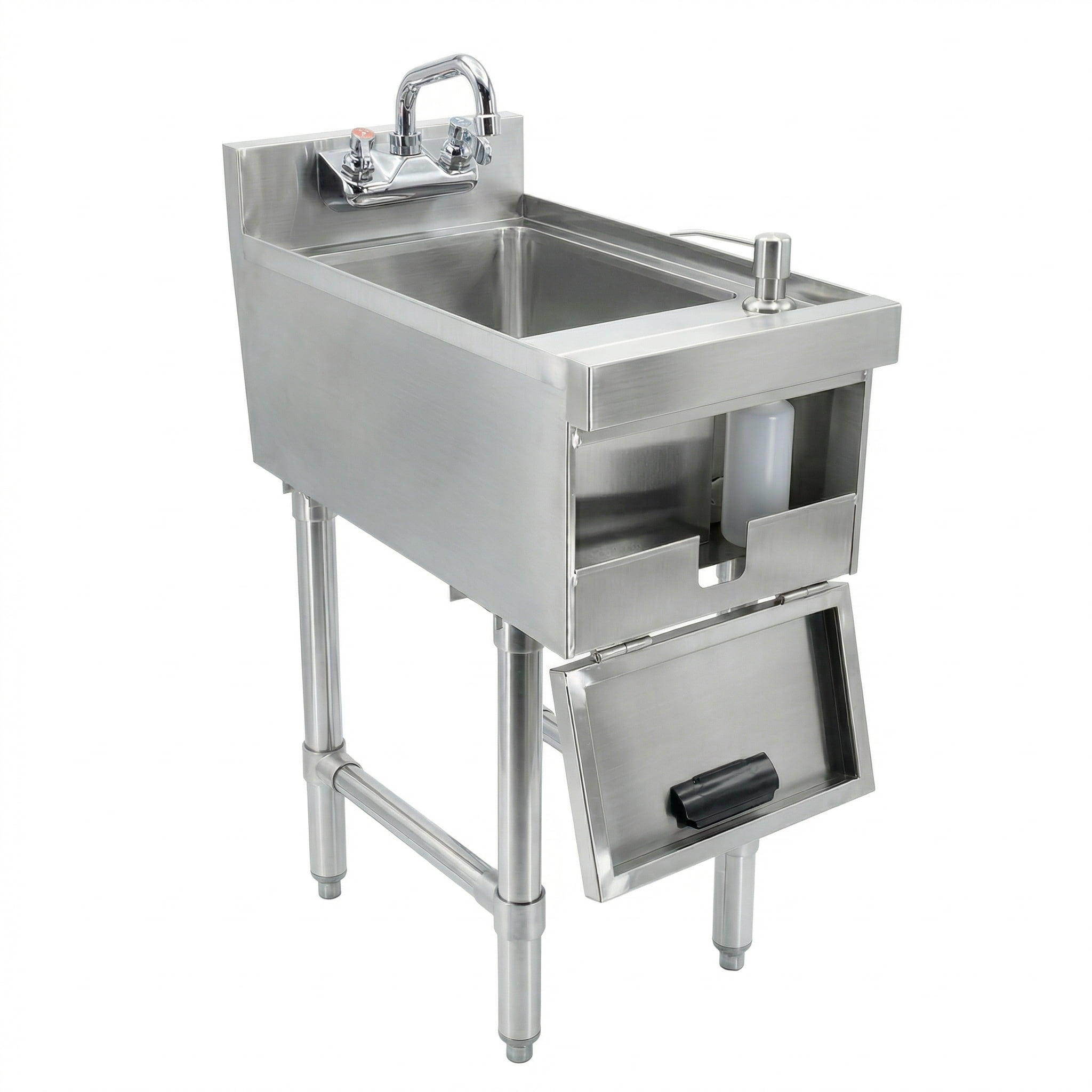22.5 in. x 12 in. Stainless Steel Underbar Hand Sink with Soap and Towel Dispensers, 14 in. x 10 in. Bowl, Faucet, and Drain Basket