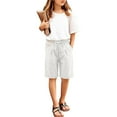 thumbnail image 2 of OGLCCG Girls Athletic Shorts Drawstring Cotton Linen Bermuda Shorts with Pockets Summer Elastic Waist Sports Shorts for Kids Teens 4-15 Years, 2 of 6