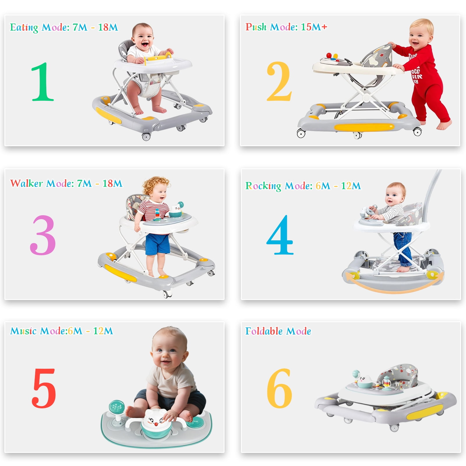 HDUTNGISN Gray 6-in-1 Foldable Baby Walker for 6-24 Months,Bouncer,Tray & Music