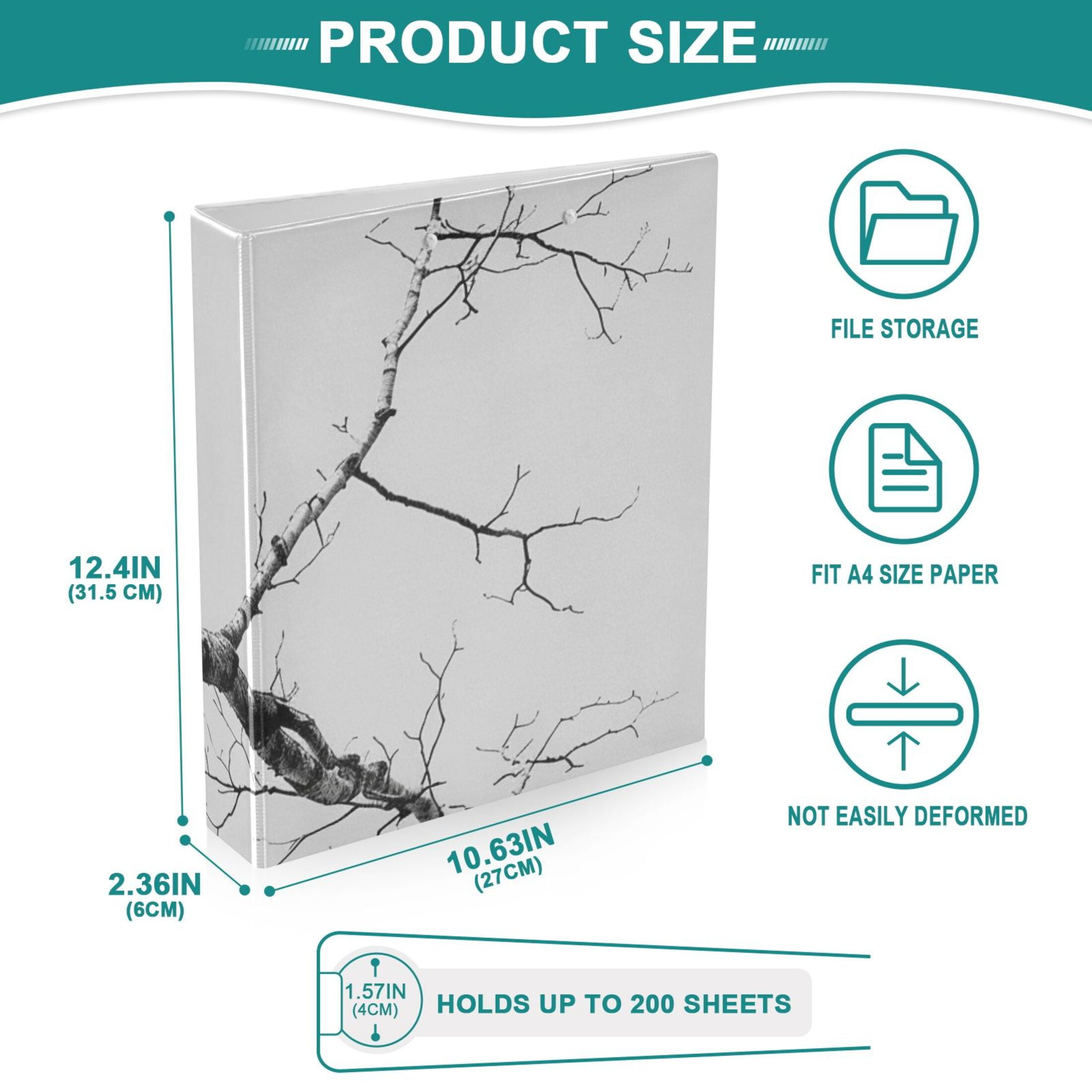Gray Tree Branch 3 Ring Binders 1.5 inch Hardcover File Folders with Interior Pockets A4 Size Organizer for School Office Hospital