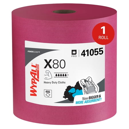 WypAll PowerClean X80 Cloths Heavy Duty Wipes (41055), Jumbo, Extended Use Towels, Red (1 Roll of 455 Sheets, 455 Sheet Total)