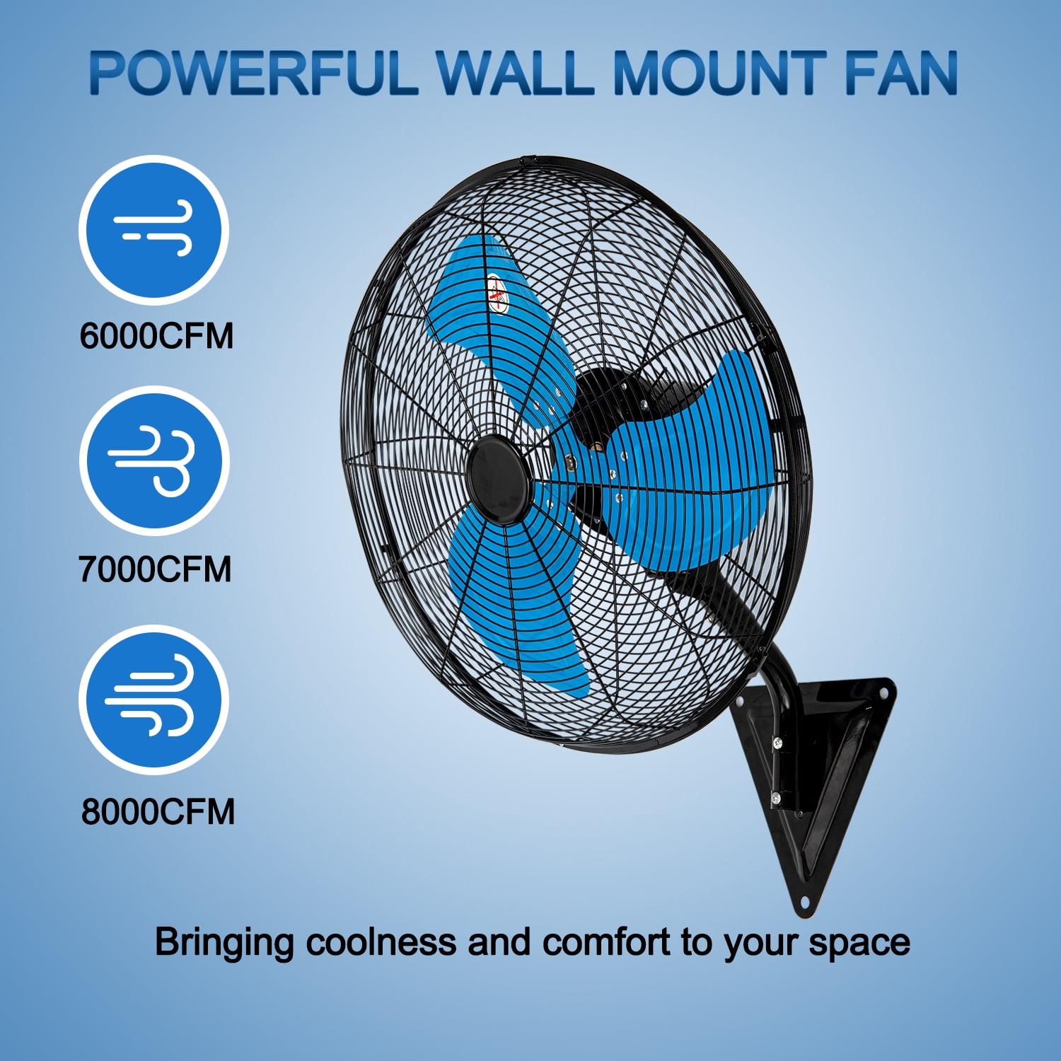 24” Wall Mount Fan 8000 CFM High Velocity Industrial Heavy Duty Fan with 3-Speed Oscillating Commercial Use for Warehouse, Garage, Factory, Blue