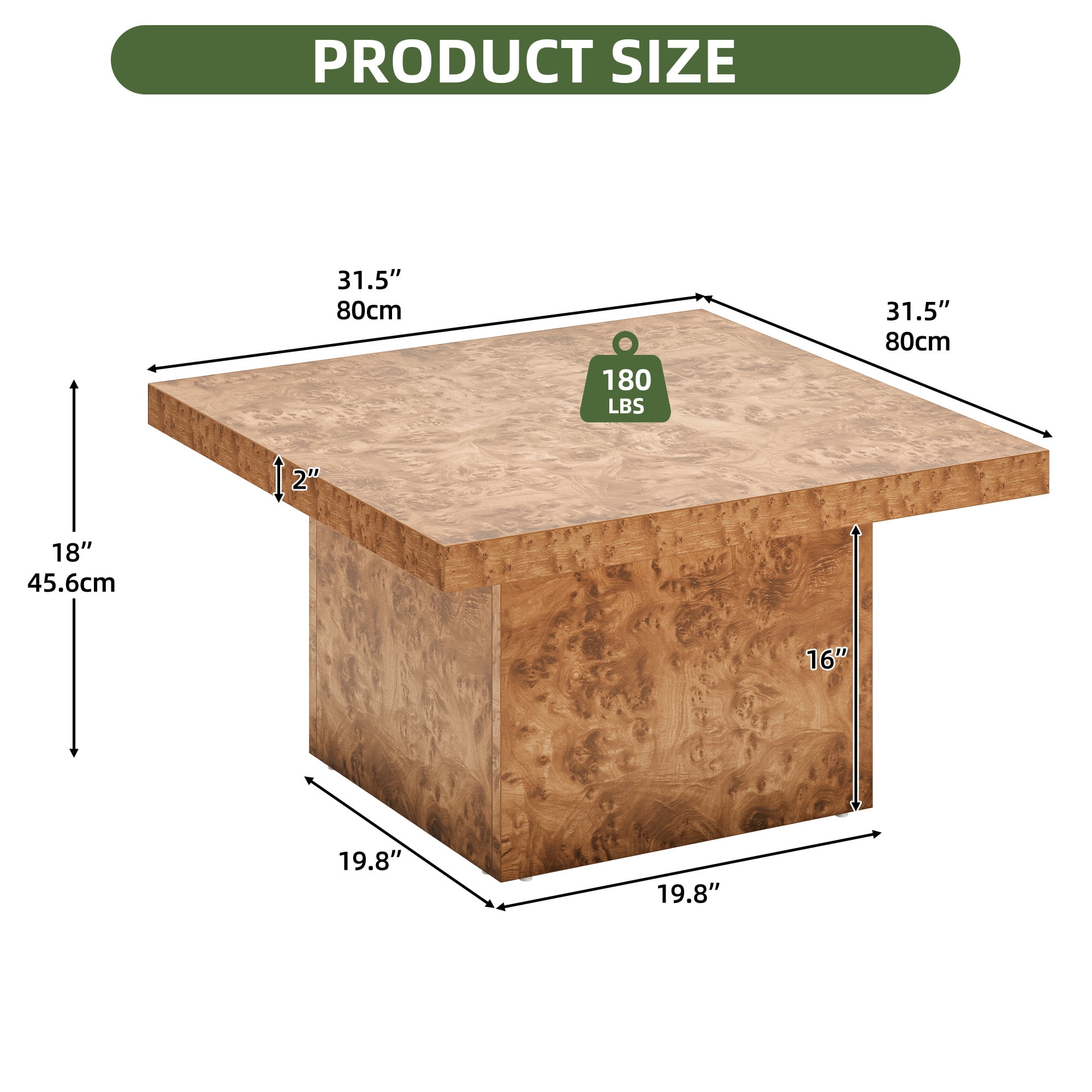 Uforic Rustic Square Coffee Table with LED Lights for Living Room, Burl Color