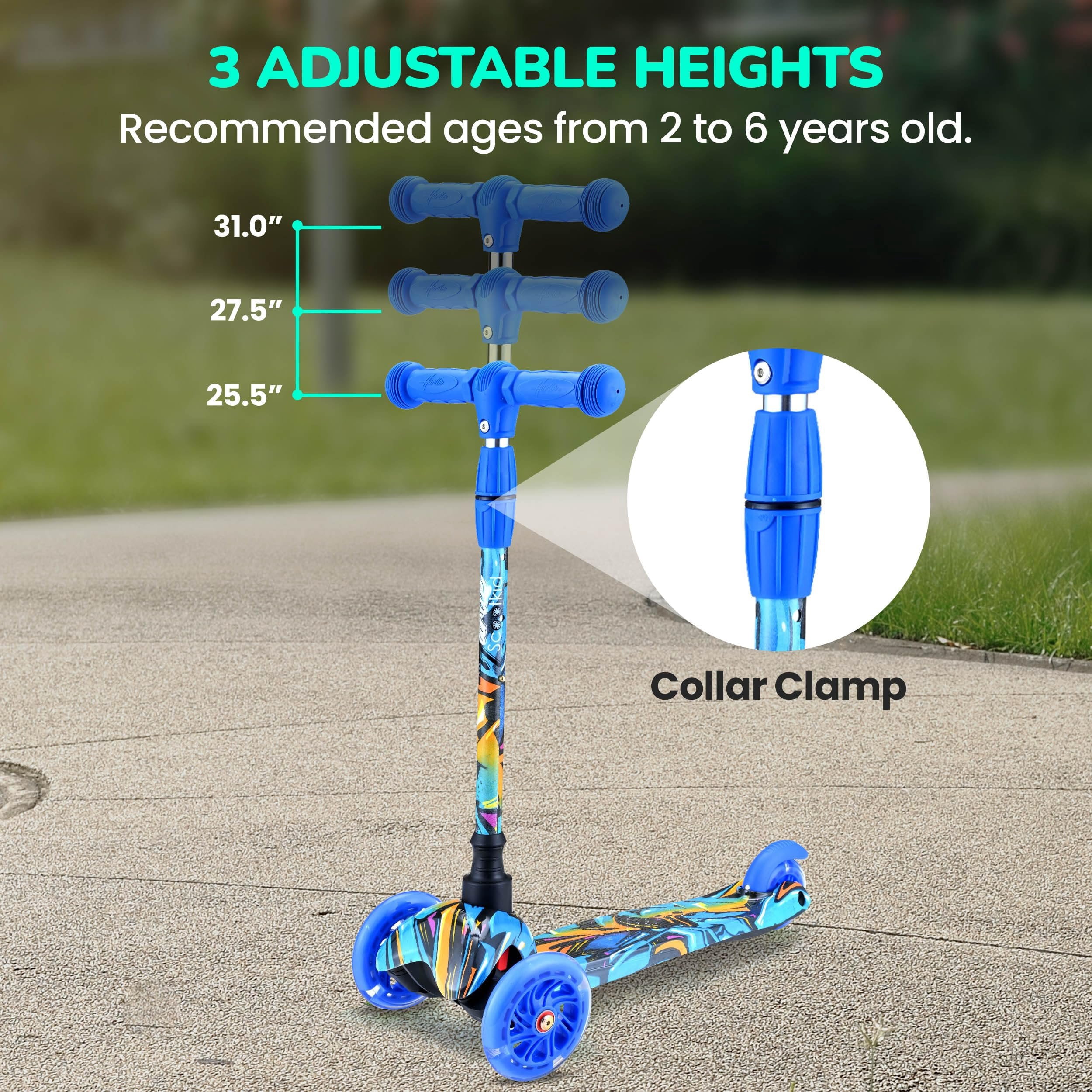 Hurtle Mini Kickboard Scooter for Kids  Height Adjustable 25-28 Inches, 3-Wheel Toddler Micro Scooter with LED Light-up Wheels, Lightweight Riding Toy, Non-Slip, Indoor/Outdoor Fun, Ages 2-5 Black