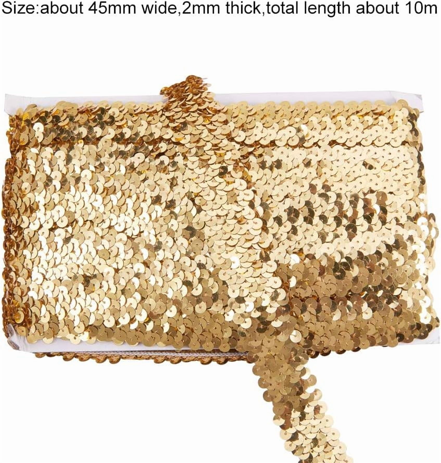 PH Elastic Sequin Flat Glitter Stretch Bling Paillette Fabric Ribbon Applique Trim Lace Band for Dress Embellish Headband (45mm/ 1.7inch Wide 10yard Long Gold) Gold