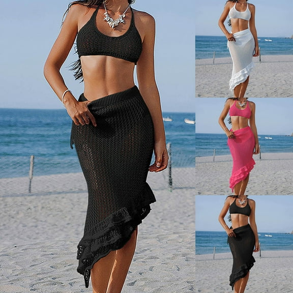 ZZwxWA Beach Cover Up for Women Boho Skirt Swimsuit with Ruffled Hem Cute Sexy Summer Bikini Bathing Mesh Cover-Up 2 Piece
