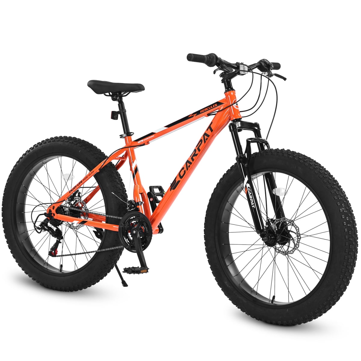 LuckyNote 26 Inch Fat Tire Mountain Bike, Full Shimano 21 Speed, Dual Disc Brake, High-Carbon Steel Frame, Front Suspension, Urban Commuter, Orange
