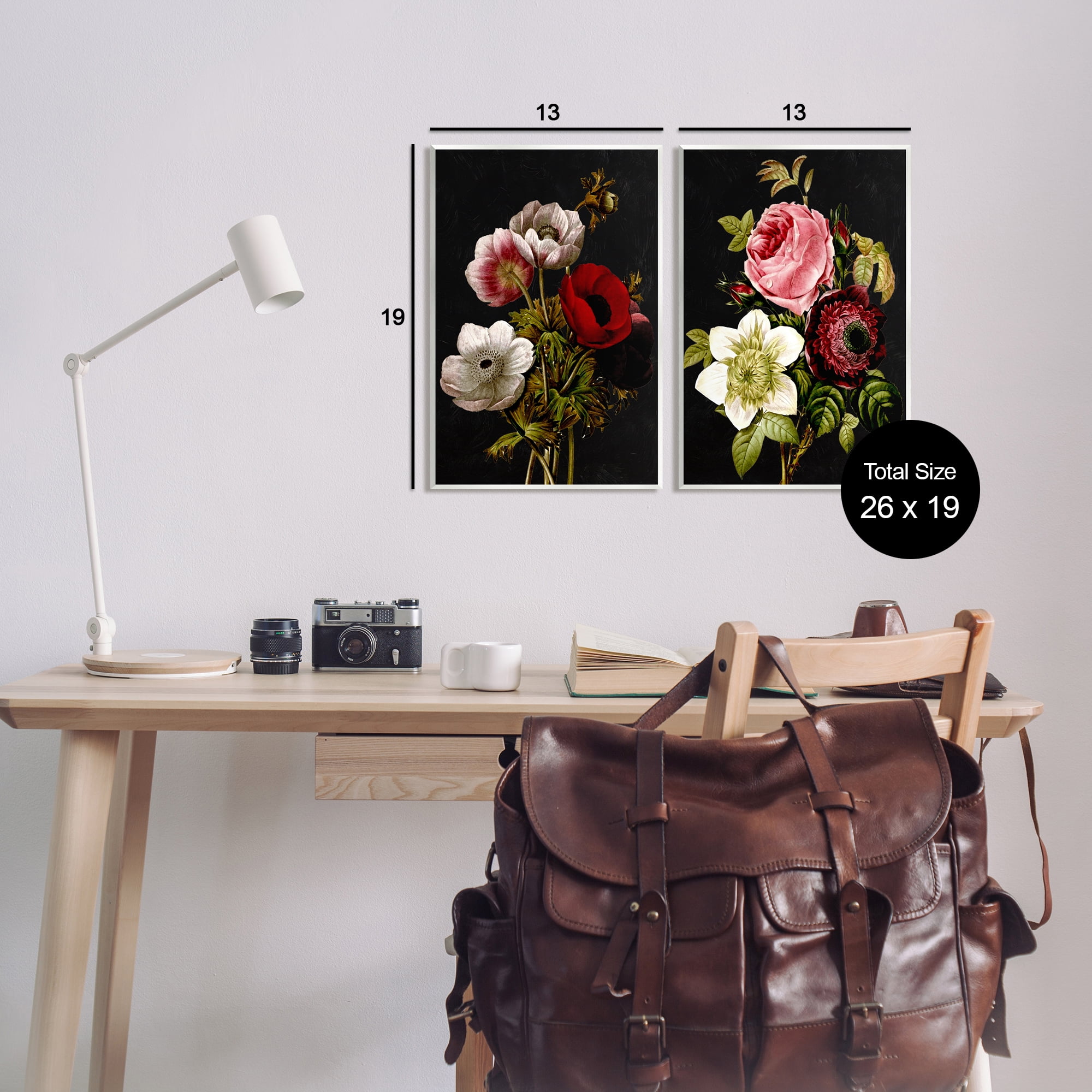 Stupell Industries Vintage Blooms on Black Botanical & Floral Painting Unframed Art Print Wall Art, 13 x 19, Set of 2