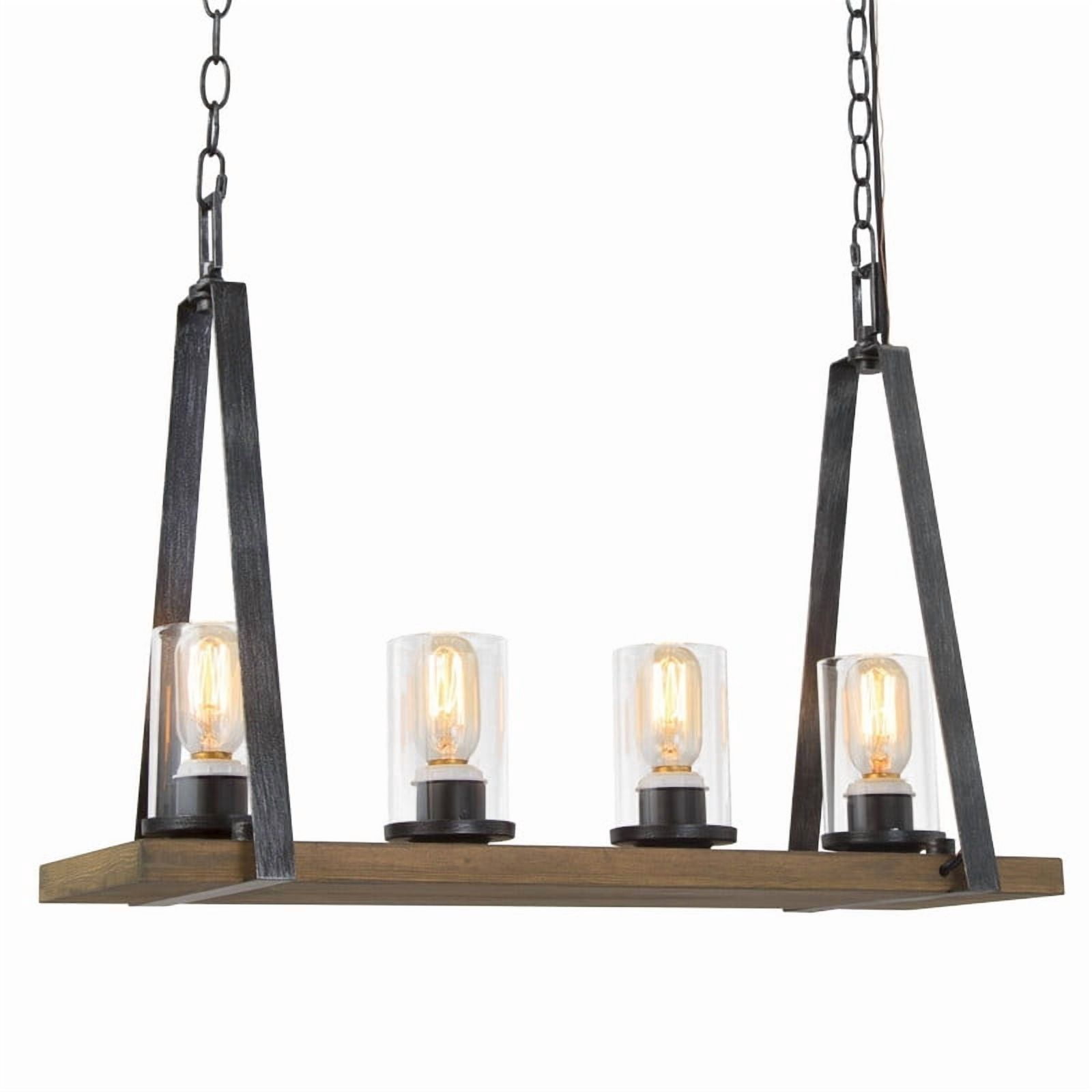 LNC Berthelotii 4-Light Linear Island Light with Clear Glass Shades and Faux Wood Accents