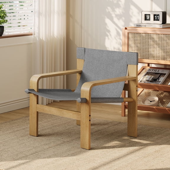 Oak Accent Chair with Detachable Washable Linen Cover, Mid-Century Modern Lounge Chair with Wide Armrests & Solid Wood Frame for Living Room, Bedroom, Balcony – Dark Gray