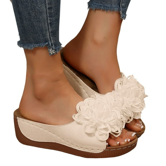 Women's Comfortable Wedge Sandals Slip On Fashion Lace Floral Platform Non Slip Open Toe Summer Dress Shoes with Arch Support Beige Size 9