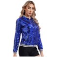 thumbnail image 4 of Zaldita Women's Shiny Sequin Bomber Jacket Baseball Collar Long Sleeve Zip Up Coat Outerwear Royal Blue 14, 4 of 7