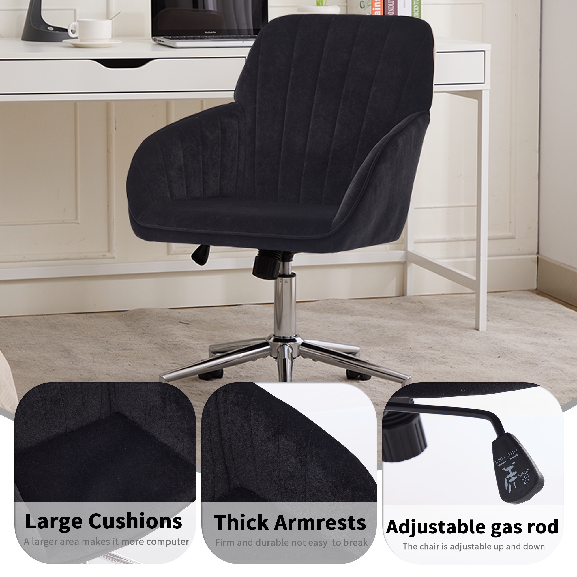 PORKISS Vanity Chair, Swivel Home Office Chair, Ergonomic Desk Chair with Silver Metal Base, Adjustable Height, Velvet Upholstered Task Chair, Black