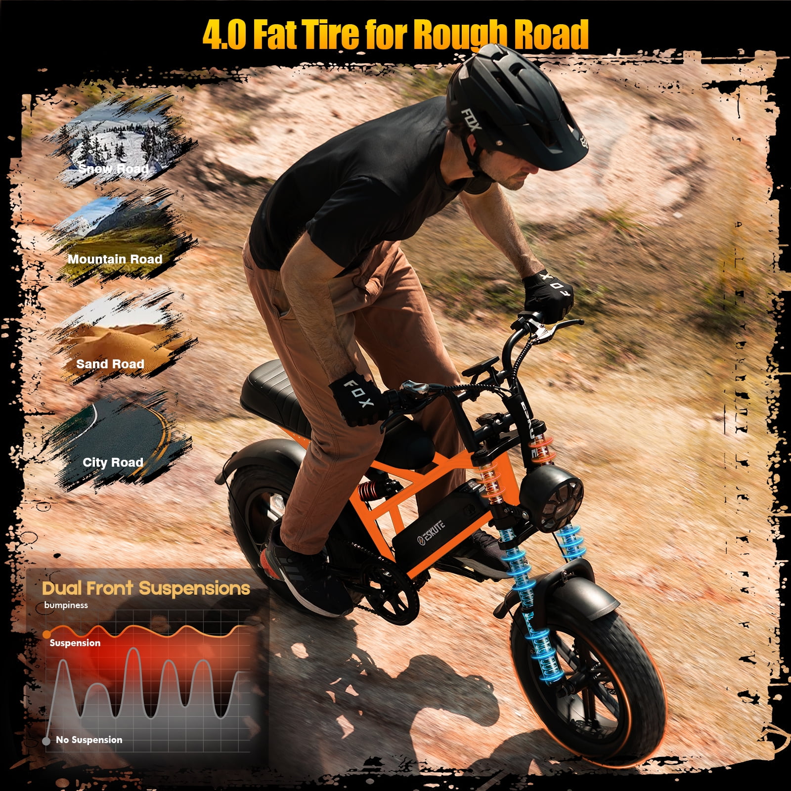 ESKUTE Electric Orange Bike for Adults – 500W Motor 48V 13Ah Battery, 19MPH, 16"x4.0" Fat Tire E-Moped, 7-Speed, Up to 60 Miles, Commuter E-Bike for Adul UL2849