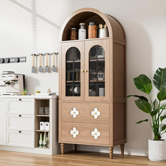 SLSY 71-inch Tall Arched Kitchen Locker with Glass Doors, Vintage Wooden Arched Cabinet, Luxurious Arched Bookshelf, 4 Shelves and 2 Drawers, Suitable for Kitchens, Dining Rooms, and Living Rooms .