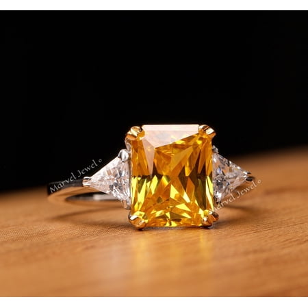 Three Stone Diamond Ring Canary Yellow Diamond Engagement Ring Princess Cut Diamond Ring Citrine Diamond Ring Birthstone Ring 925 Sterling Silver 2.4 Ct Simulated Diamond