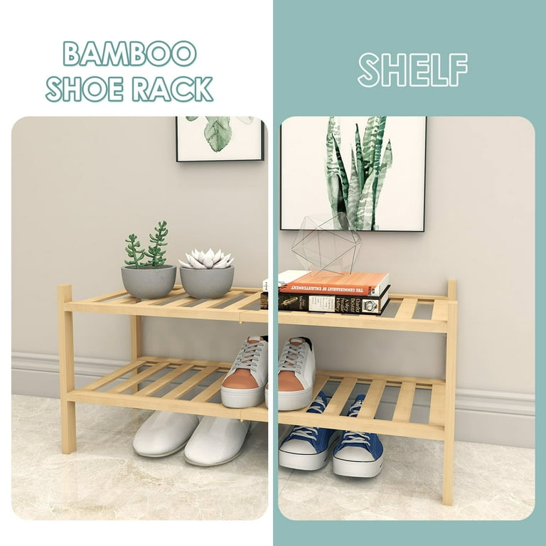 Basicwise QI004330.2 Bamboo Storage Shoe Rack, Free Standing Shoe Organizer Storage Rack, 2 Tier