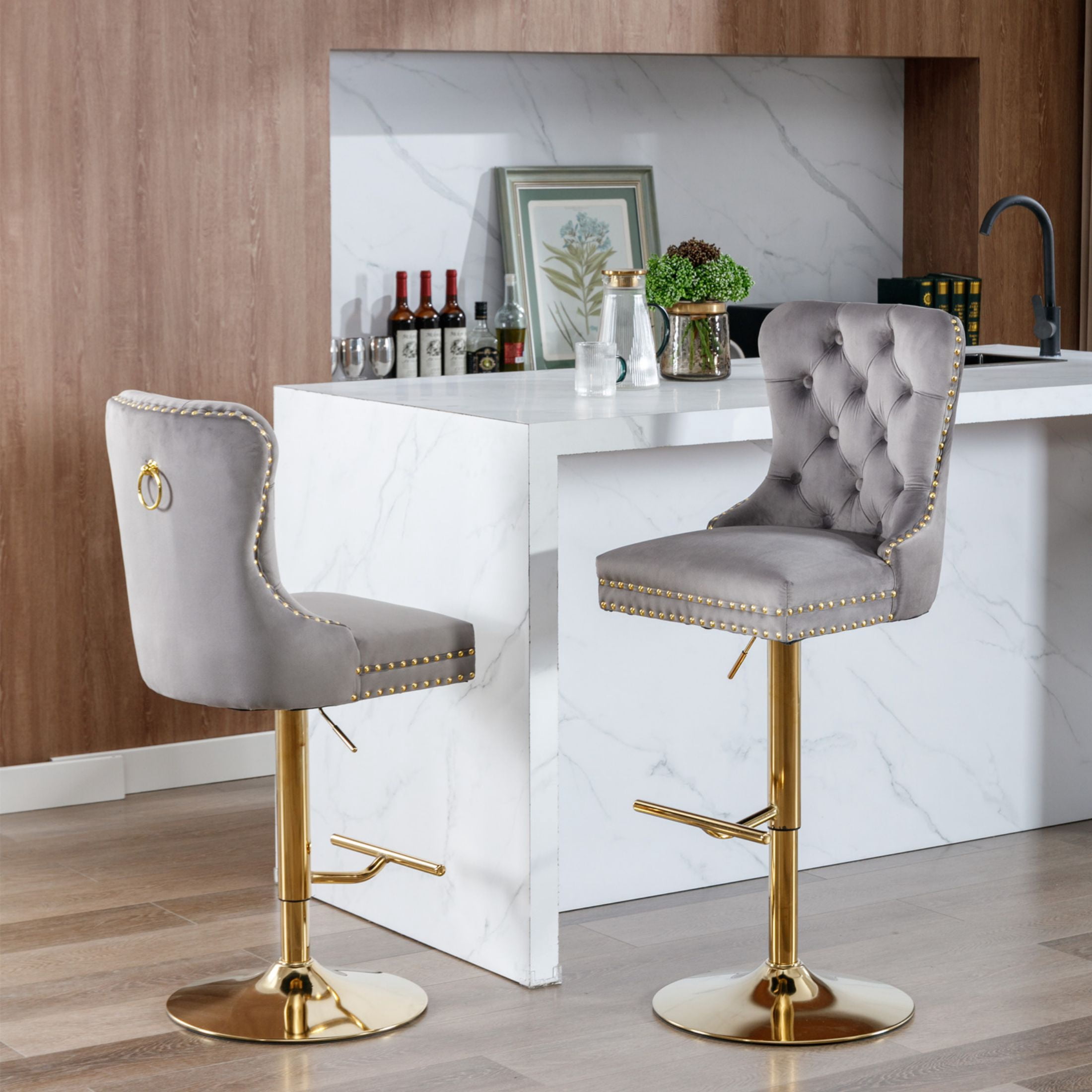PORKISS Bar Stools Set of 2, Gold Velvet Swivel Barstools with Tufted Backs and Footrests, Upholstered Adjustable Seat From 27" to 35" for Home Pub, Kitchen Island, Gray