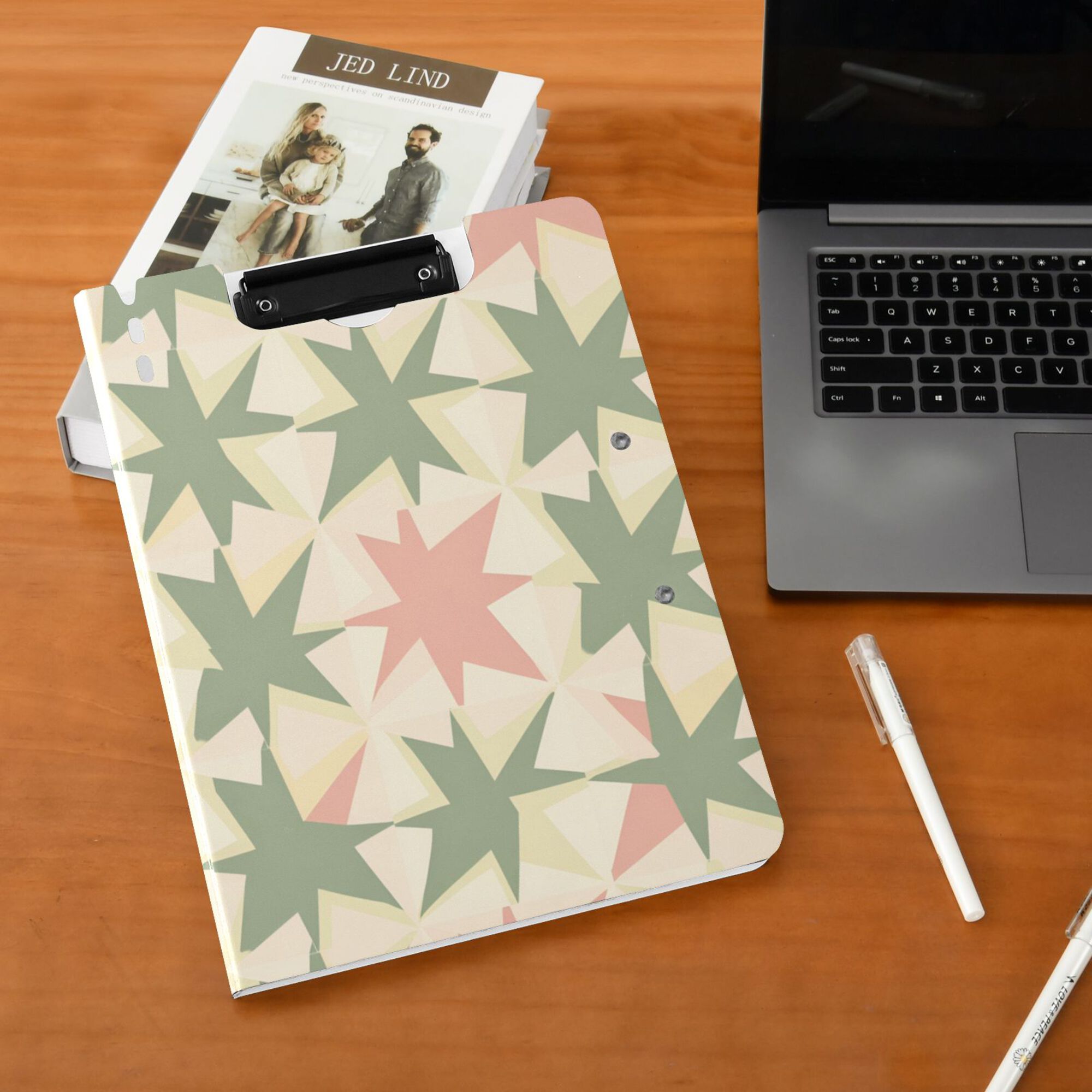 FORMRS A4 Clipboard Folder with Pen Holder Horizontal Foldable School Office Binder, Pink and Green Geometric