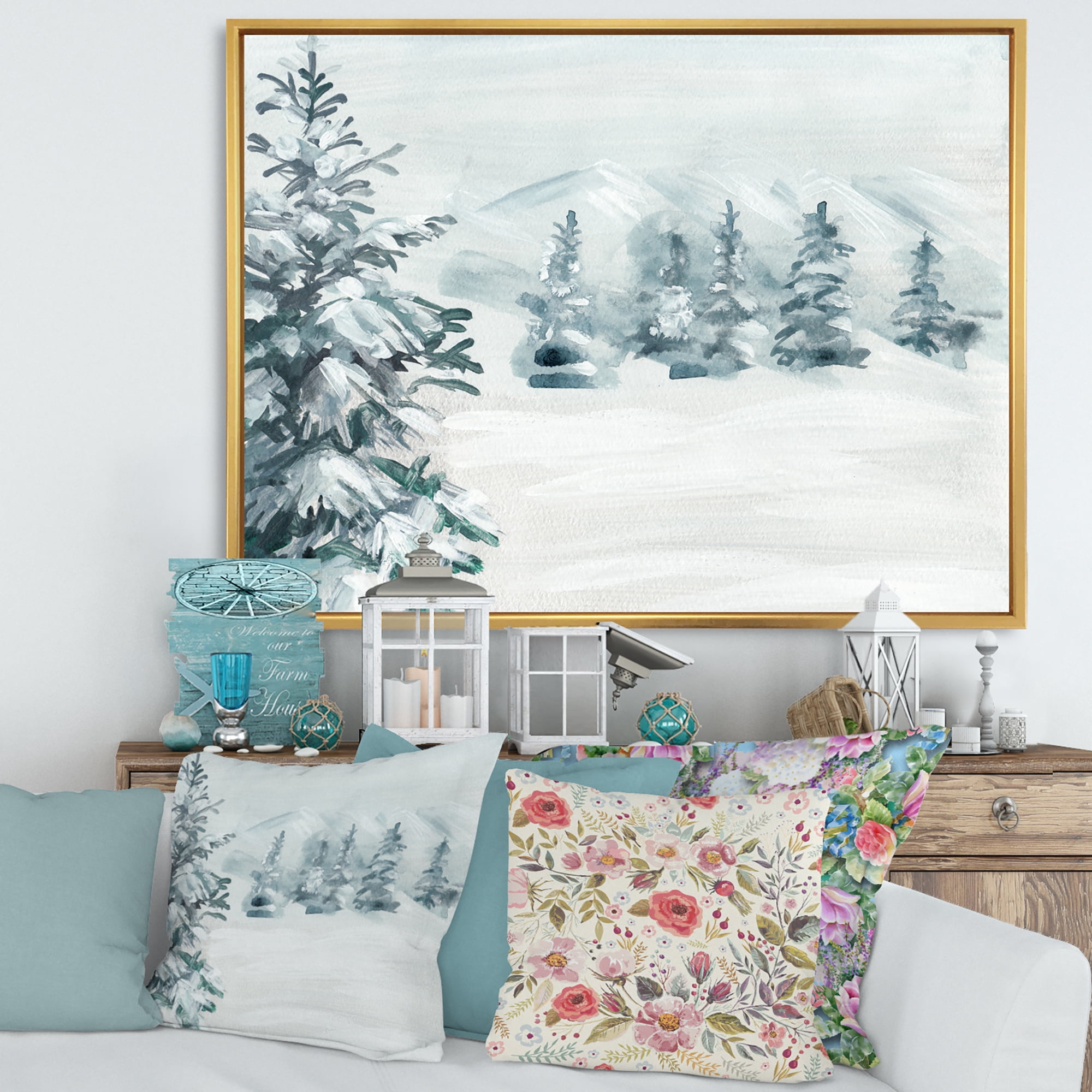 Designart 'Snowy Pine Trees On Mountain' Traditional Framed Canvas Wall Art Print