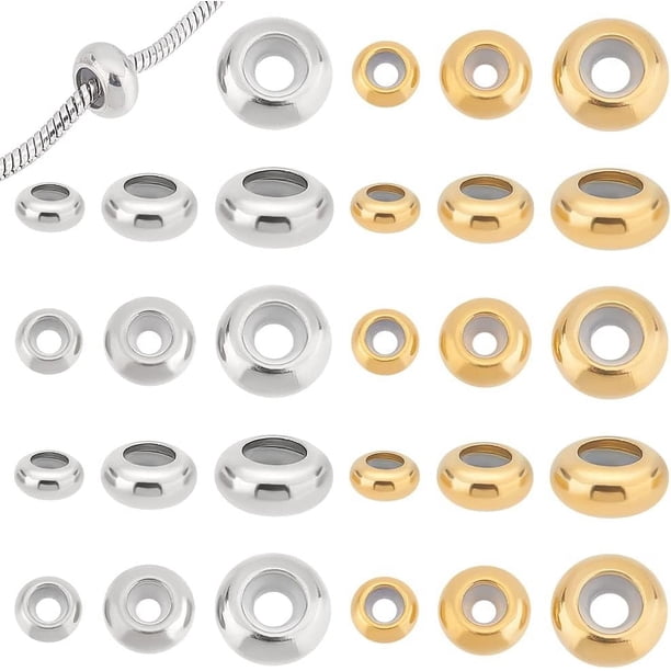 Aproximadamente 30 cuentas de tapón de colores variados de 6/8/10 mm con interior de goma, cuentas deslizantes redondas, espaciadoras de acero inoxidable, cuentas sueltas, espaciadores de metal.