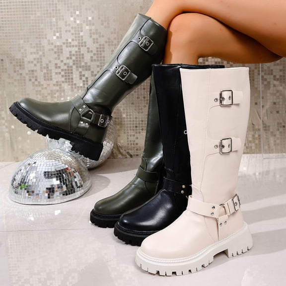 Lovzfmll Boots for Women, Casual Buckle Metallic Motorcycle Boots, Chunky Heel Round Toe Knee High Boots, Comfy Fall Winter Shoes, 5.5, Green