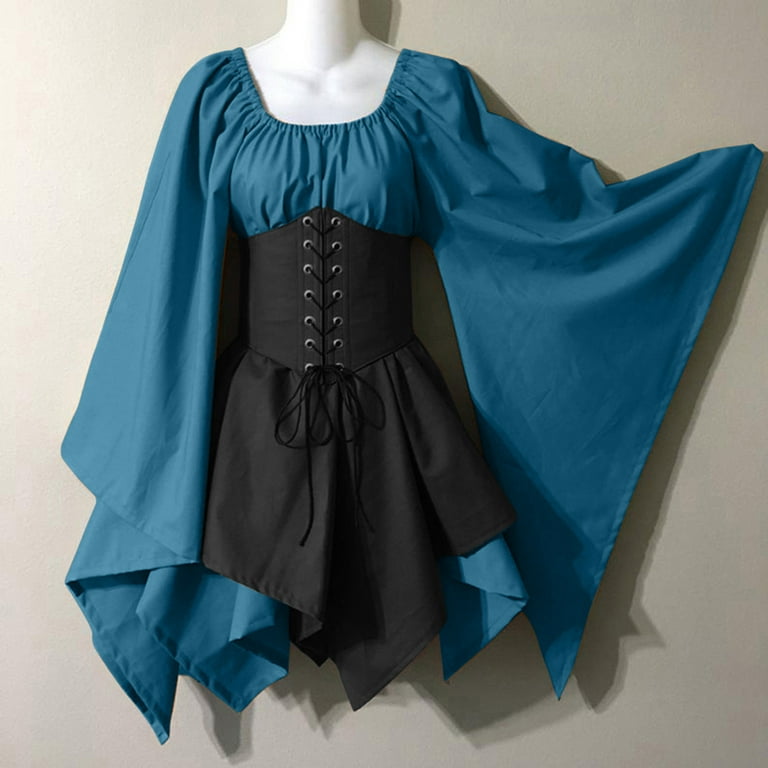 HCURIBAD Halloween Dresses for Women Women s Flared Sleeve Dress Halloween Cosplay Costume Gothic Vintage Long Sleeve Corset Dresses Mini Dress Corset Dress Formal Dresses Clearance Blue 2XL Walmart.c...