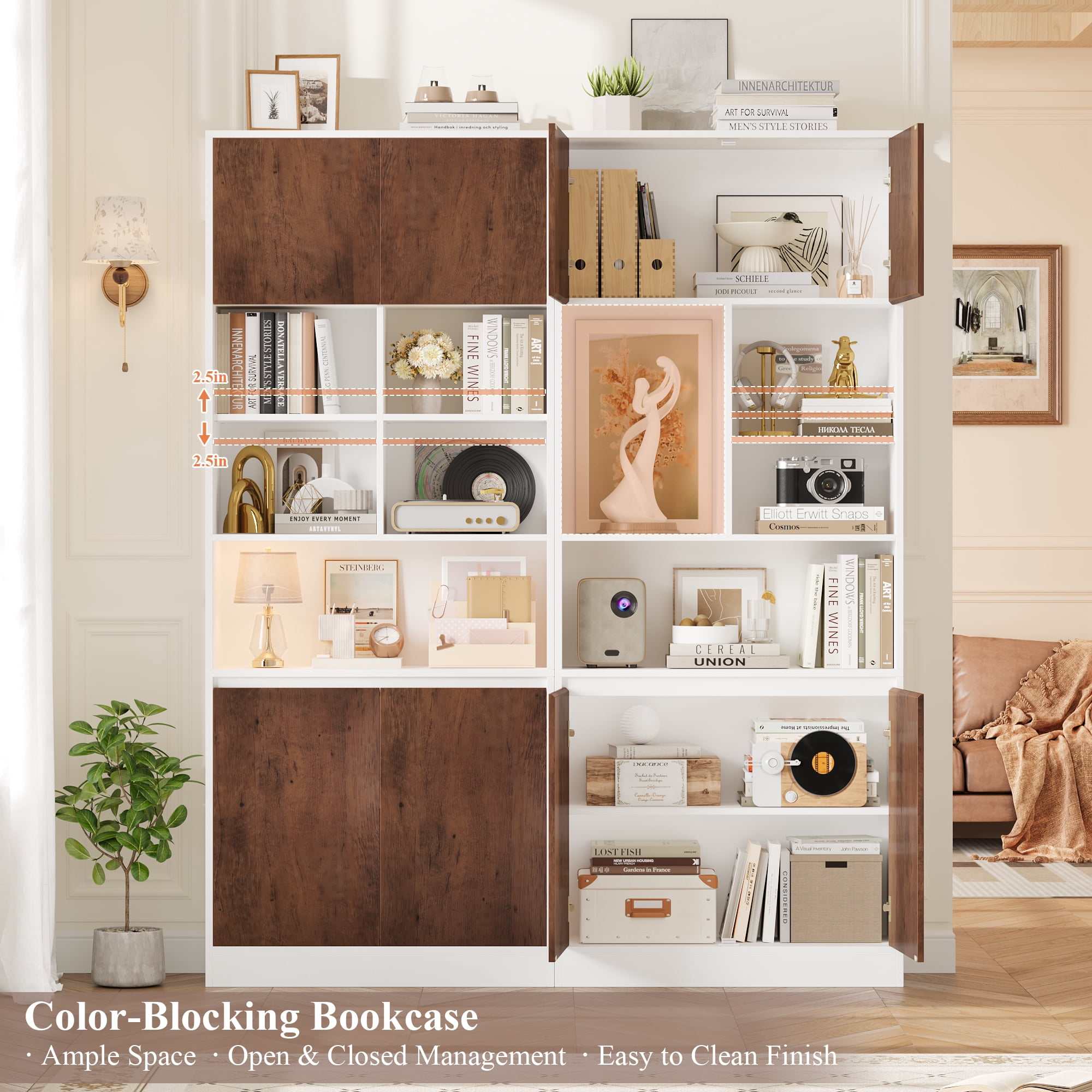 Homfa 75" Tall Bookcase with Doors & Adjustable Shelf, 3-Tier Cube Bookcase with Storage, Wood Farmhouse Display Cube Bookcase for Living Room Office, White
