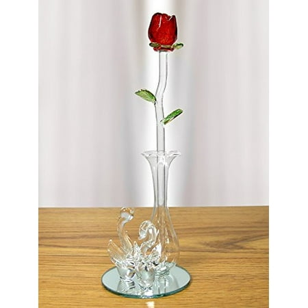 Swing Vase - Crystal Red Rose in Glass Vase - Decorative Swan Vase with Mirrored Vase