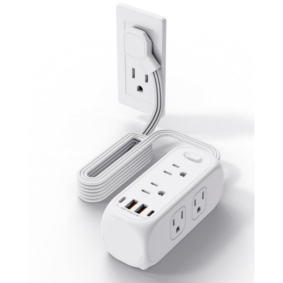 5FT Power Strip - 6 Widely Outlets with 4 USB Ports, 3 Side Outlet Extender, 1250W / 10A