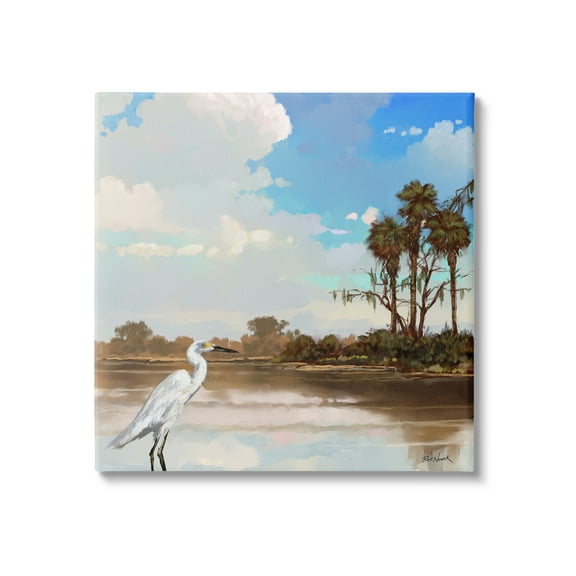 Stupell Egret Tropical Beach Scenery Landscape Painting Gallery Wrapped Canvas Print Wall Art