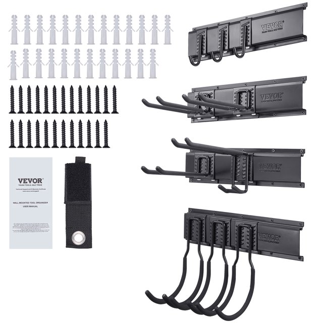 VEVOR Garage Tool Organizer, 600 lbs Max Load Capacity, Wall Mount Yard Garden Storage Rack Organization Heavy Duty with 10 Adjustable Hooks and 4 Rails, for Garden Tools, Shovels, Trimmers, and Hoses