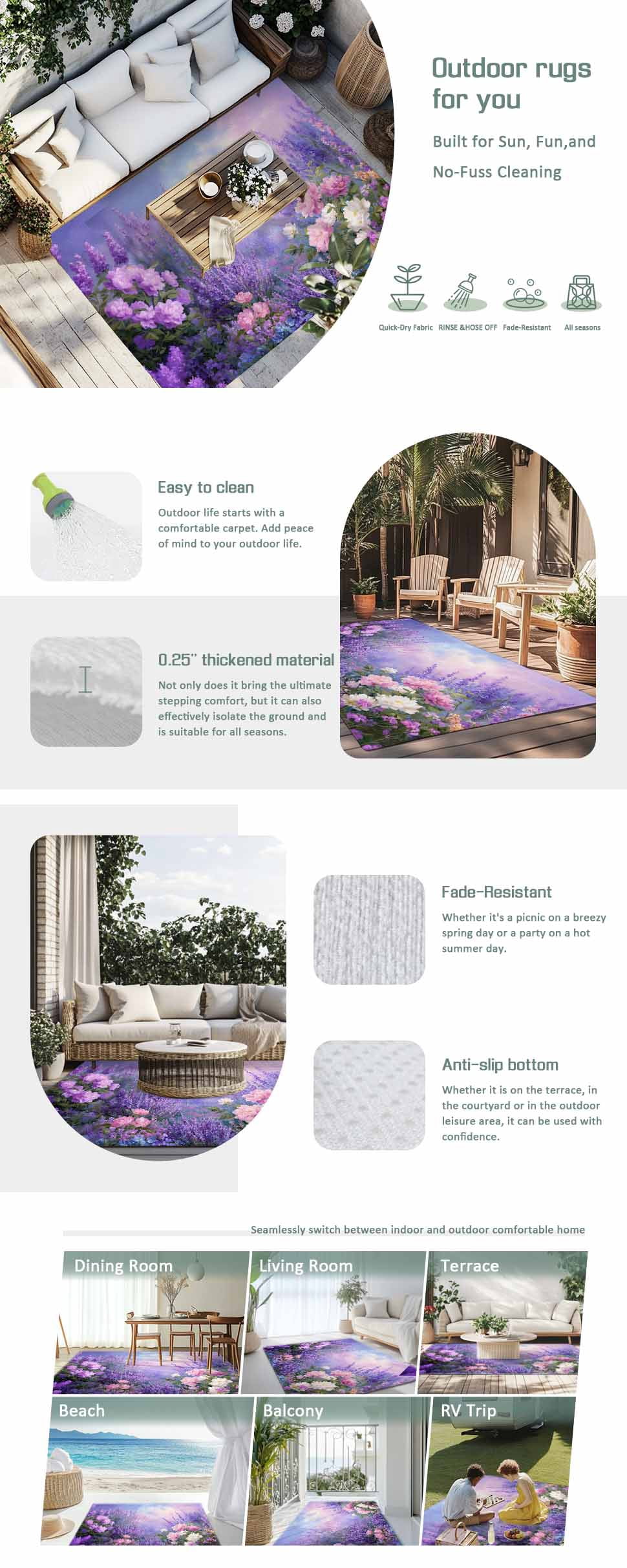 Purple Lavender Outdoor Rug for Patio/Deck/Porch, Non-Slip Large Area Rug 4 x 6 Ft, Spring Watercolor Country Wildflowers Indoor Outdoor Rugs Washable Area Rugs, Reversible Camping Rug Carpet Runner