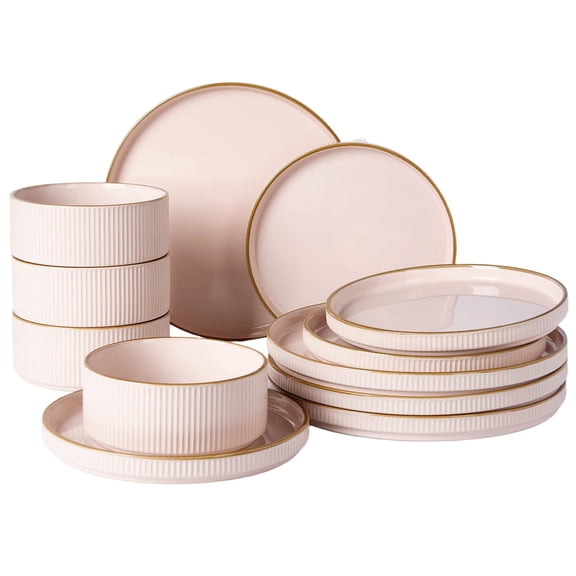 Famiware Star 12-Piece Dinnerware Set, Service for 4, Light Pink with Brown Rim
